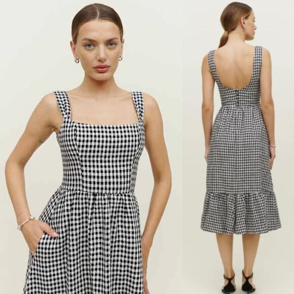 Reformation Bucatini April Check Black White Gingham Linen Dress Size‎ 12 NWT - Picture 2 of 11